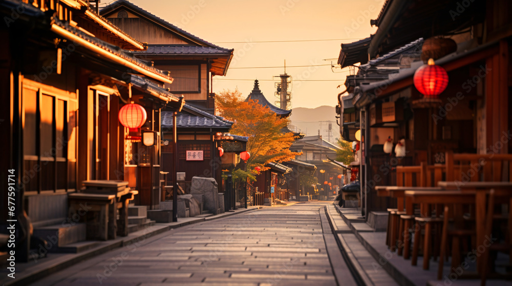 Naklejka premium 日本的な古都の風景、歴史的な町と道