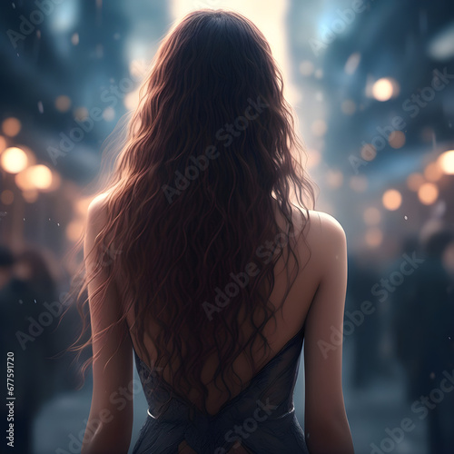 A beautiful woman with long hair showing her back photo