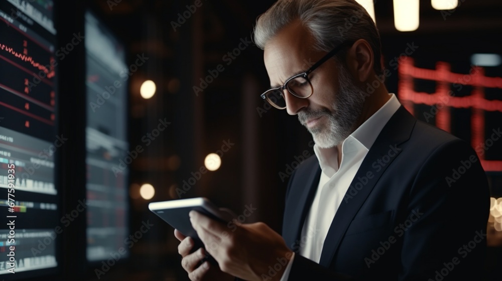 Focused businessman trading shares on a digital device Focused businessman trading shares on a digital device