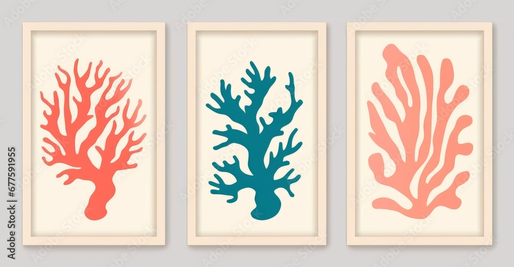 Abstract coral posters. Contemporary organic shapes and scribbles Matisse style, colorful corals. Graphic  illustration, Generative AI