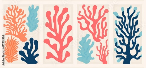 Abstract coral posters. Contemporary organic shapes and scribbles Matisse style, colorful corals. Graphic illustration, Generative AI