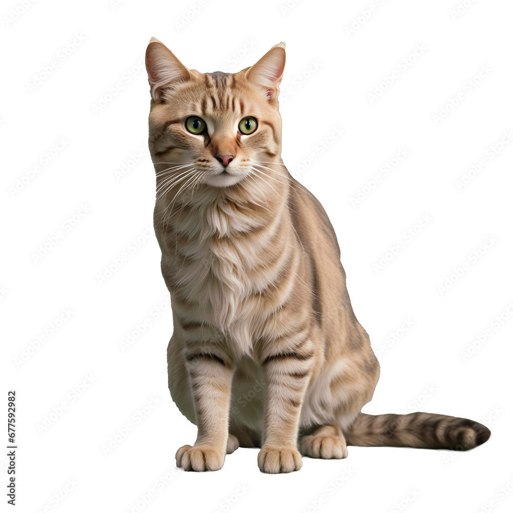 Cute sitting cat. Isolated Frontal view, looking ahead. Transparent background.