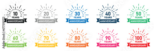 Set of anniversary logotypes. Birthday label with 10, 20, 30, 40, 50, 60, 70, 80, 90, 100 year and ribbon. Anniversary icons numbers. Vector. photo