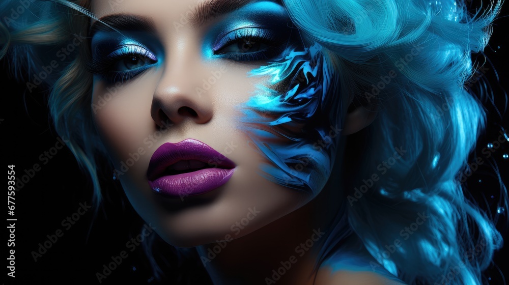 Obraz premium Woman with neon blue makeup, Dark background.