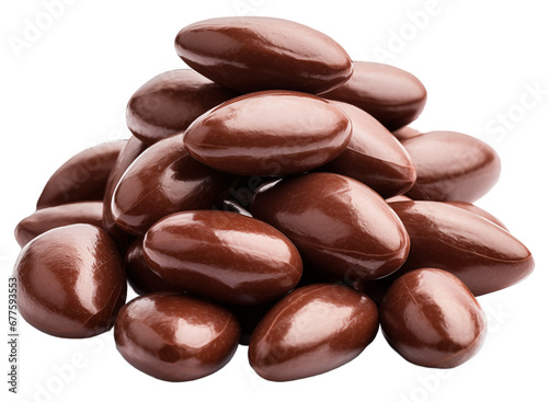 Stack of chocolate covered almonds isolated on white background