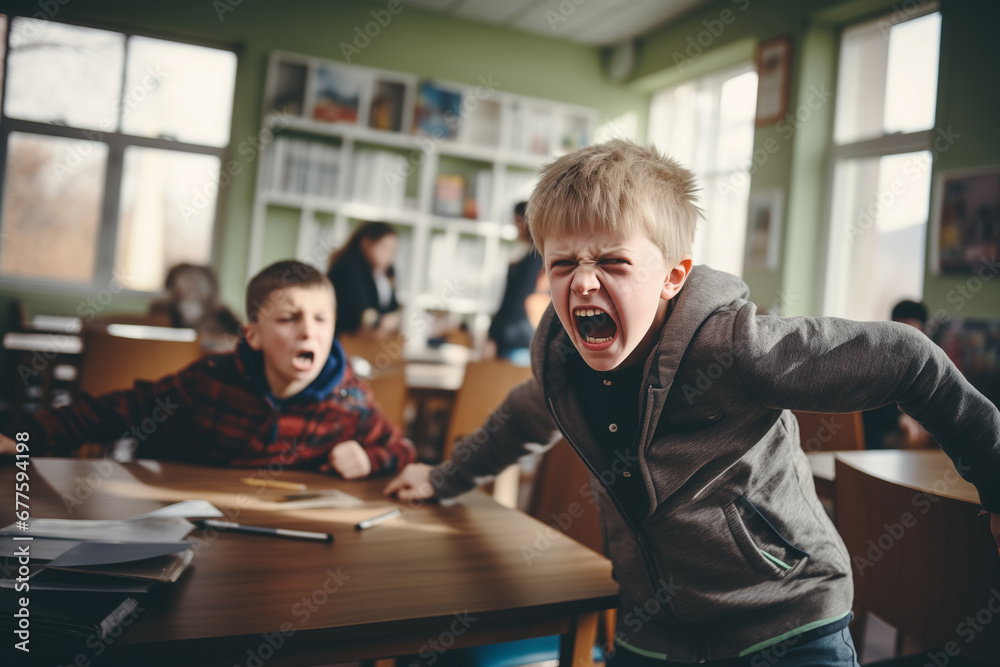 Two elementary school boys fight in a classroom. kids aggression and bullying concept. - obrazy, fototapety, plakaty 