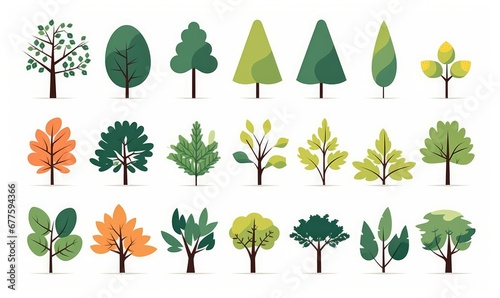 Simple trees bushes. Cartoon forest plants with foliage, minimal shrub botanical garden nature elements.  flat set, Generative AI photo