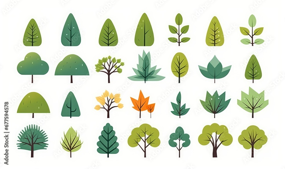 Simple trees. Cartoon forest plants with foliage, minimal bush shrub, botanical garden nature elements.  flat set, Generative AI - obrazy, fototapety, plakaty 