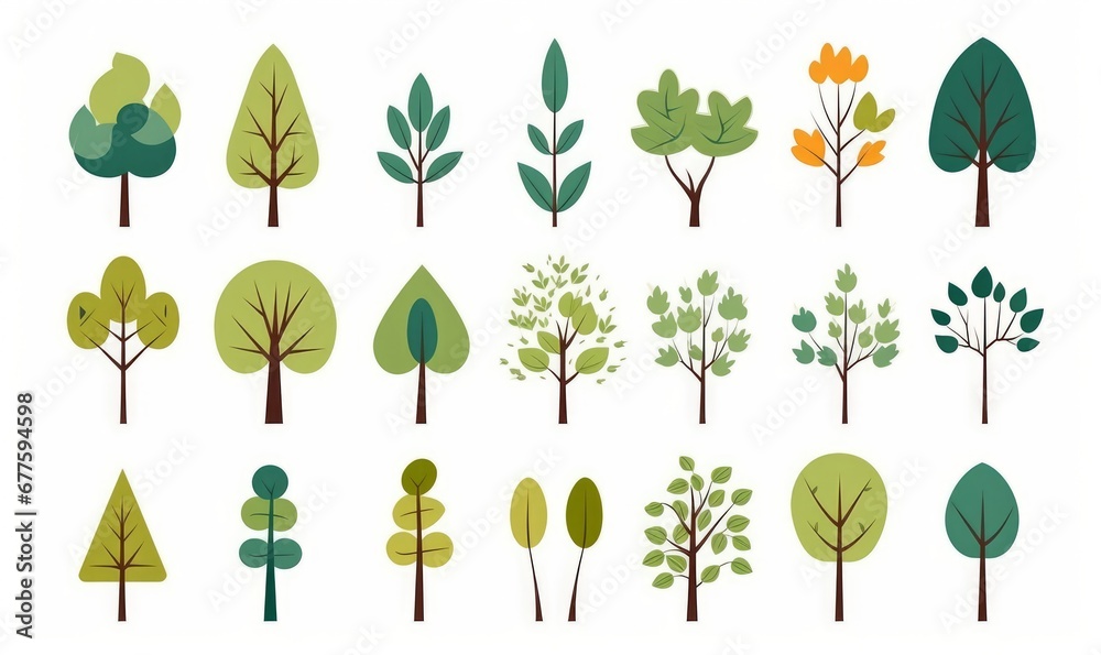 Simple trees. Cartoon forest plants with foliage, minimal bush shrub, botanical garden nature elements.  flat set, Generative AI