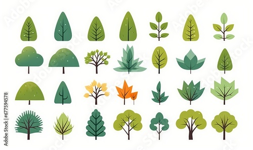 Simple trees. Cartoon forest plants with foliage, minimal bush shrub, botanical garden nature elements.  flat set, Generative AI photo