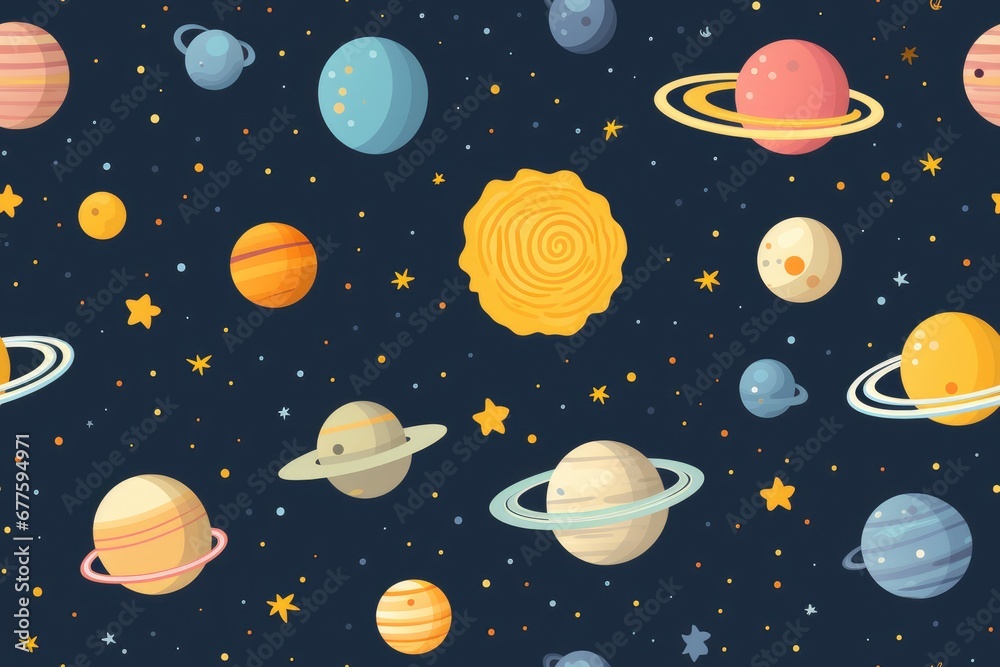 Seamless pattern with cartoon planets and stars.