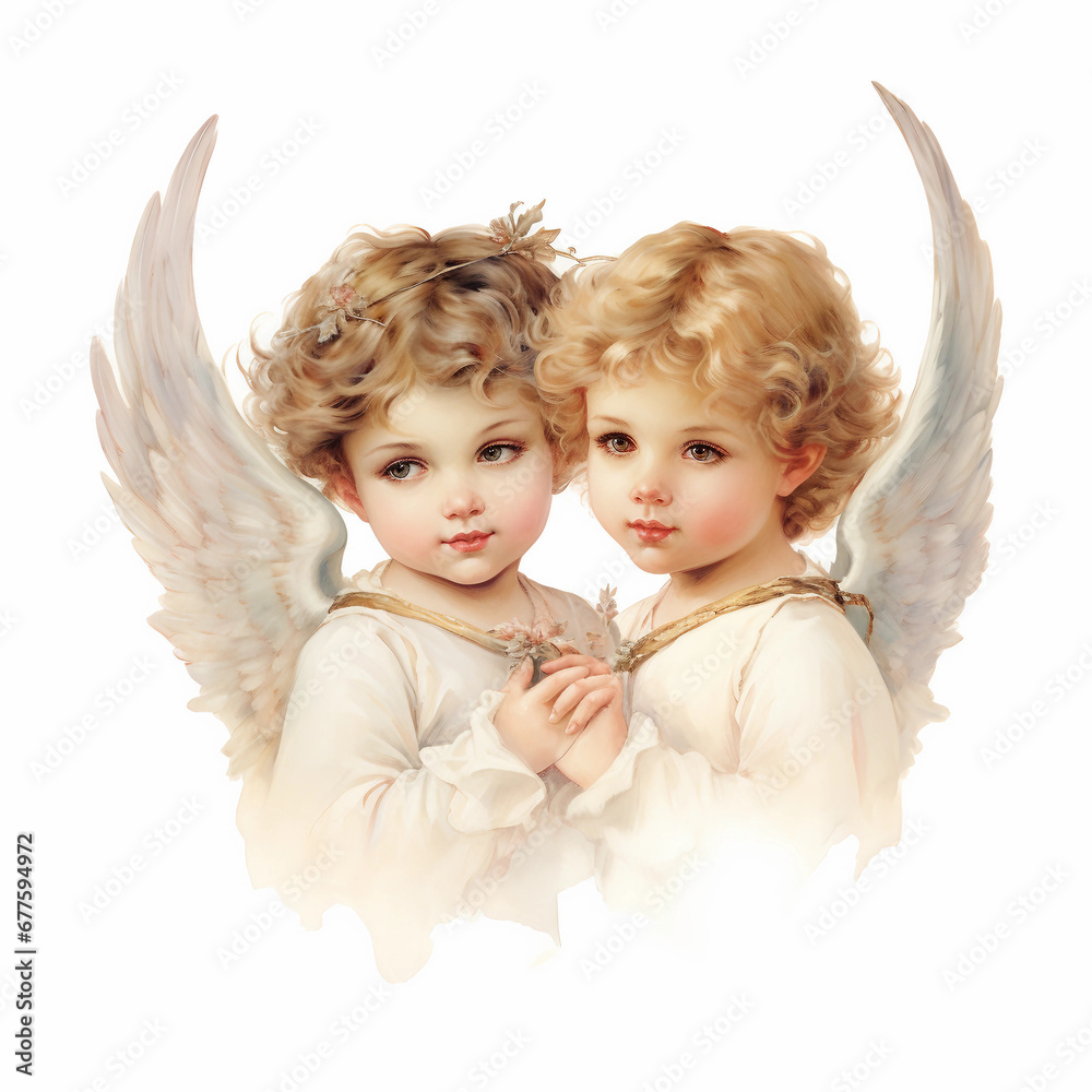 Fototapeta premium A pair, two little angels cherub children holding hands, isolated on a white background with wings, nostalgic illustration in classic art style