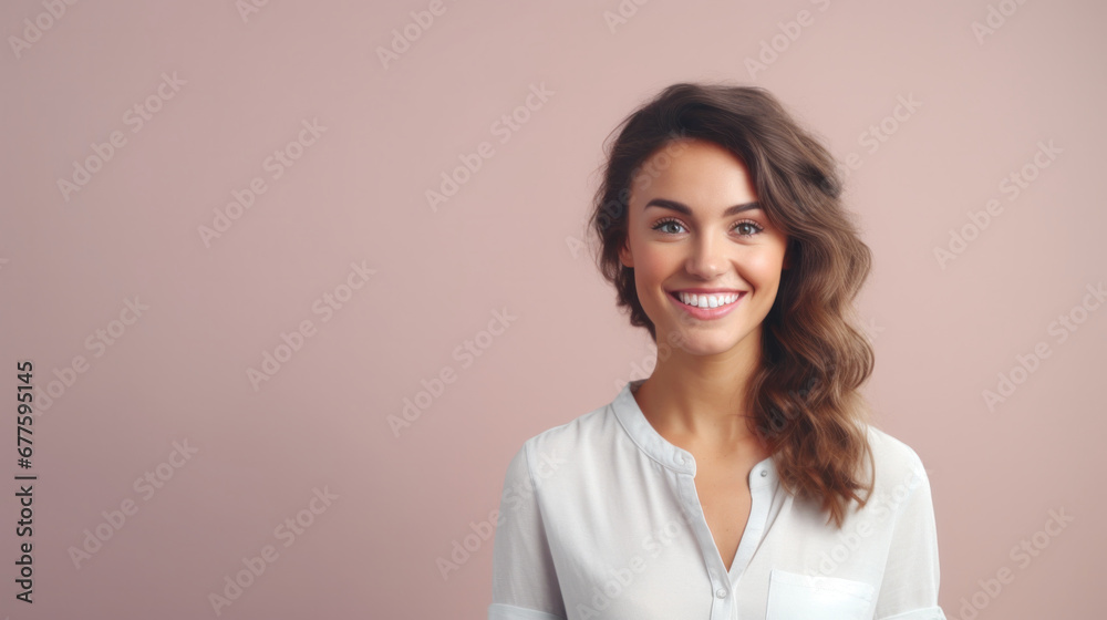 Bright-eyed woman with bouncy curls, in a white blouse, radiating joy.. Bright-eyed woman with bouncy curls, in a white blouse, radiating joy..