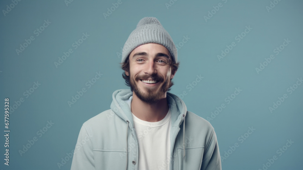 Man in beanie and hoodie smiling with a carefree vibe against a blue backdrop.. Man in beanie and hoodie smiling with a carefree vibe against a blue backdrop..