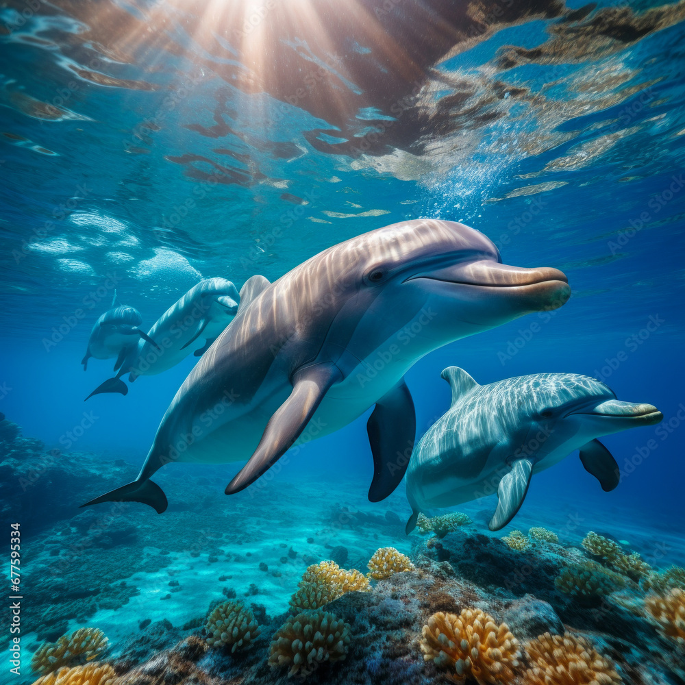 Fototapeta premium School of dolphin swimming in blue ocean. Marine and wildlife concept