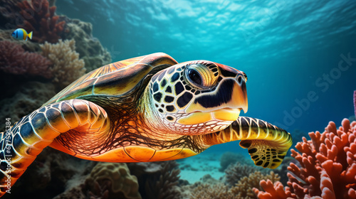 Marine turtle swimming on deep blue ocean. Marine turtle and wildlife concept.