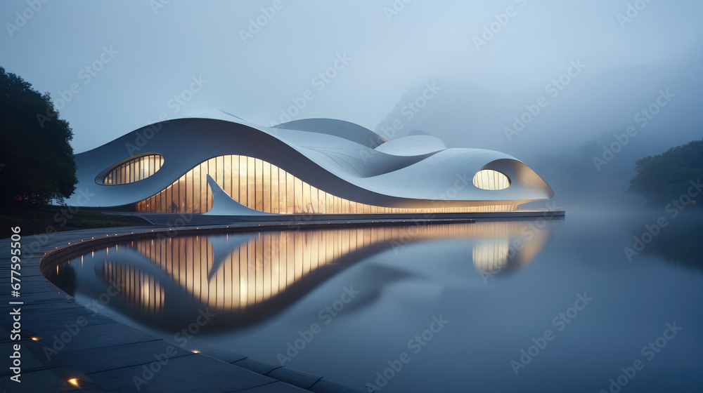 Front view of the building, Art museum designed with white curves shell shape is located on a lake shrouded in mist.