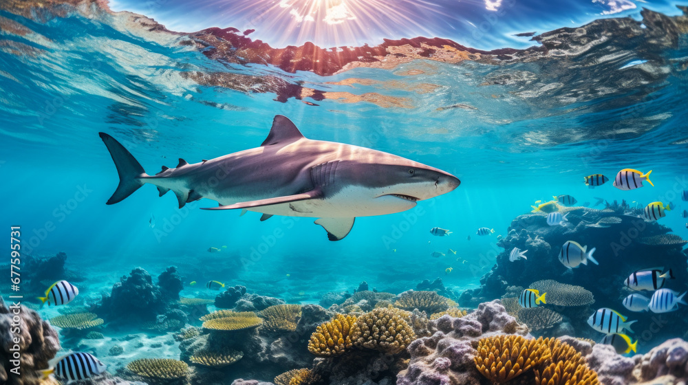 Fototapeta premium Shark swimming on deep ocean. Wildlife concept.