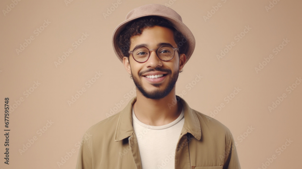 Stylish young hispanic man with glasses and a hat, smiling in a khaki jacket..