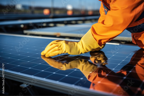 Close up of the hands of a male worker hands in gloves on solar panel, Technician installing solar panels. photo