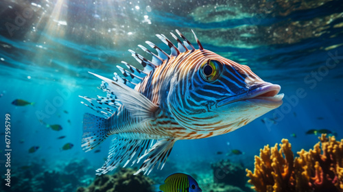 Close up of tigerfish on blue ocean