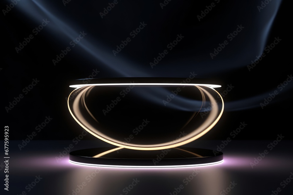 3D display podium black background. Luxury flying white cloth in motion. Minimal beauty dark stand, cosmetic product presentation. Neon light circle frame, empty mockup, studio 3d, Generative AI