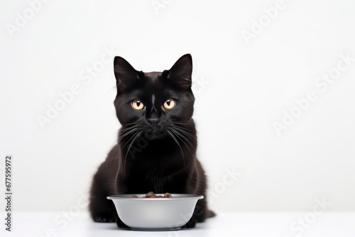 cat sitting with a heap bowl of cat food on white background.