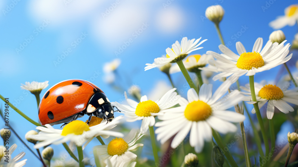 Ladybug on chamomile flower ladybug in nature
