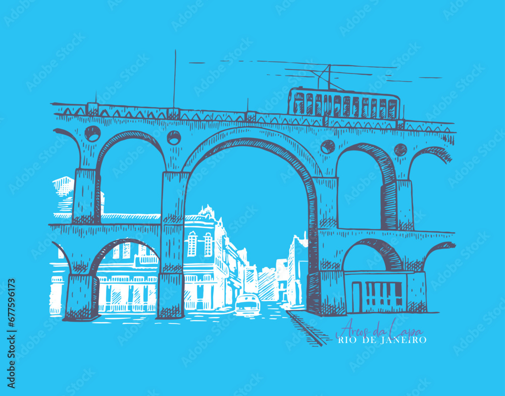 Handmade vector illustration representing the Arcos da Lapa, located in the neighborhood of Santa Teresa, Rio de Janeiro, Brazil, in modern times.