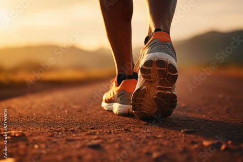 Close-up shot from behind of man's legs wearing sneakers backlit by rising sun. Athlete running along the morning city street. Everyday morning jog, healthy lifestyle in urban environment.