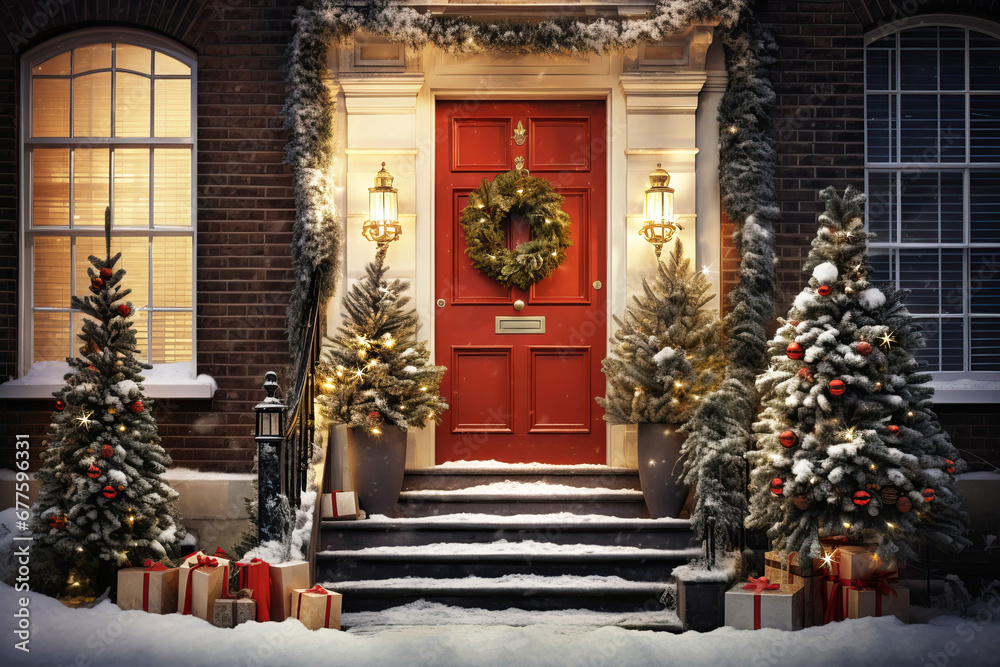 Cute and cozy house with Christmas decorations, Christmas wreath on the door Cute and cozy house with Christmas decorations, Christmas wreath on the door