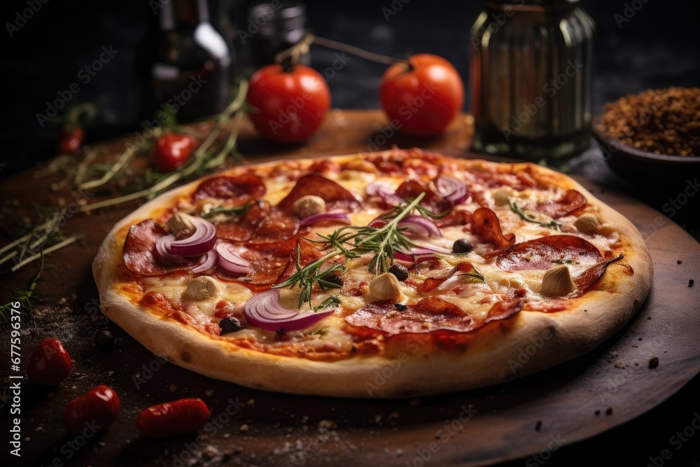 Pizza with pepperoni and mushrooms decorated with rosemary and tomato