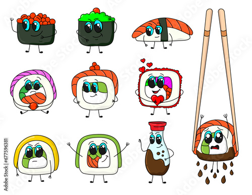 A set of cartoon sushi. Sushi emoji. Funny food