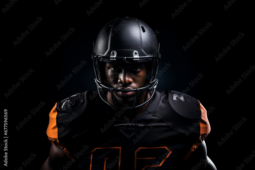 Studio portrait of professional American football player in black uniform. Determined, powerful, skilled African American athlete wearing helmet with protective mask. Isolated in black background.