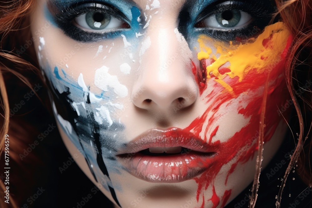 A close up portrait of face woman is drawing something with paint, Fashion model woman face with fantasy art make-up.