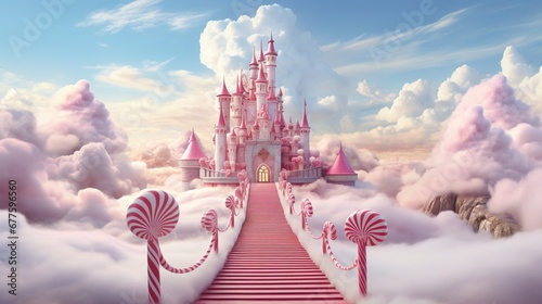 Fabulous pink castle with candy track, flowers and cotton clouds photo