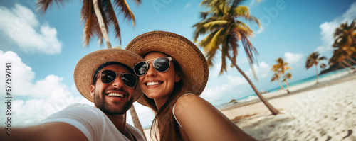 couple de jeunes amoureux qui se prend en photo selfie sur une plage paradisiaque
