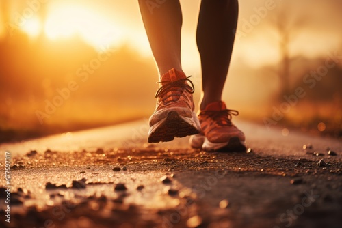 Close-up shot of man's legs wearing sneakers backlit by bright rising sun. Athlete running along the morning city street. Everyday morning jog, healthy lifestyle in urban environment.