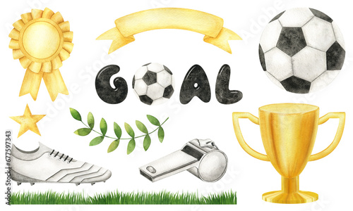 Set of Attributes of sports competitions. Golden Cup, Soccer ball, cleat and Laurel. Football match. Watercolor Isolated illustrations. For football club, sporting goods stores, poster postcard design