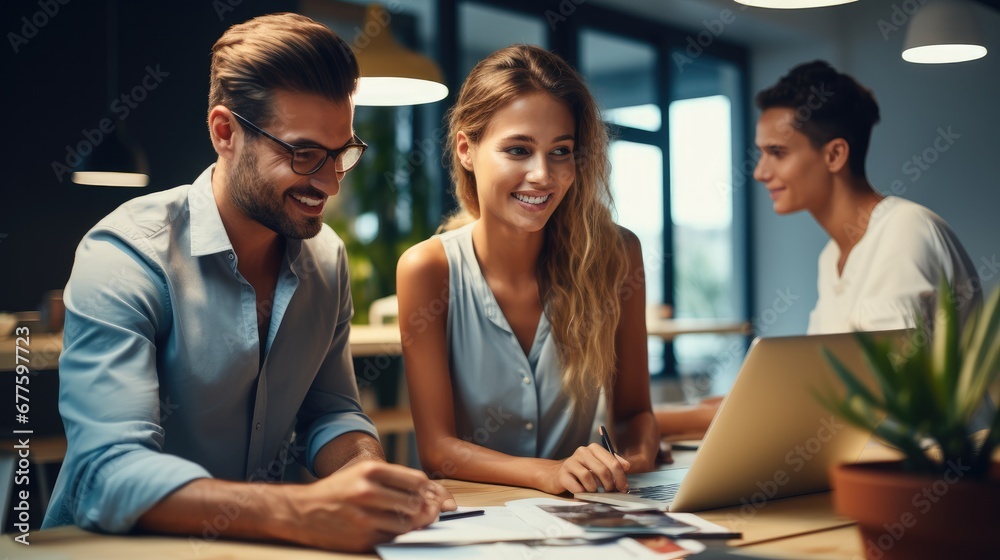 Three colleagues discussing a work project in a bright office. Three colleagues discussing a work project in a bright office.