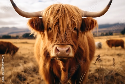 A long haired cow standing in the grass, In the style of dark orange and maroon. photo