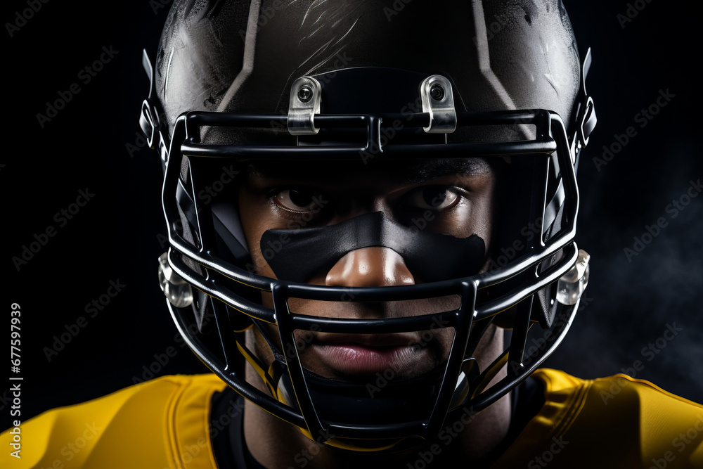 Studio portrait of professional American football player in yellow jersey. Determined, powerful, skilled African American athlete wearing helmet with protective mask. Isolated in black background. Studio portrait of professional American football player in yellow jersey. Determined, powerful, skilled African American athlete wearing helmet with protective mask. Isolated in black background.
