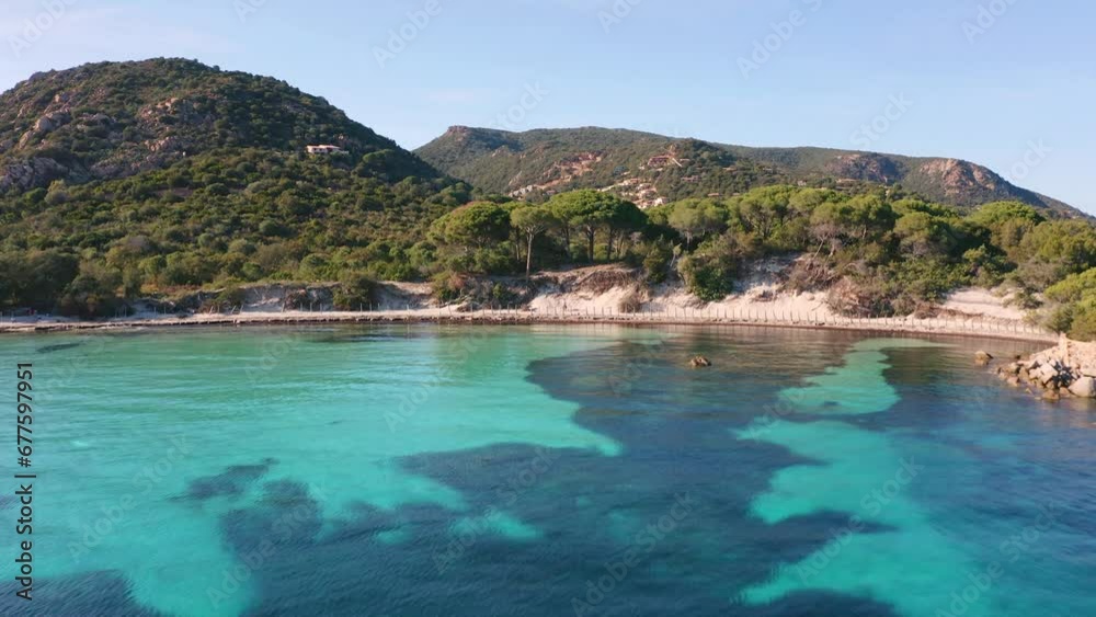 4k drone forward video (Ultra High Definition) of Tamaricciu beach. Aerial morning scene of Corsica island, France, Europe. Impressive Mediterranean seascape. Beauty of nature concept background. 4k drone forward video (Ultra High Definition) of Tamaricciu beach. Aerial morning scene of Corsica island, France, Europe. Impressive Mediterranean seascape. Beauty of nature concept background.