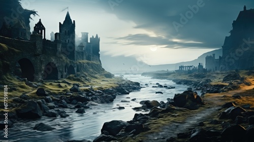 A ruined ancient castle in a misty field on the shores of a raging cold sea. photo