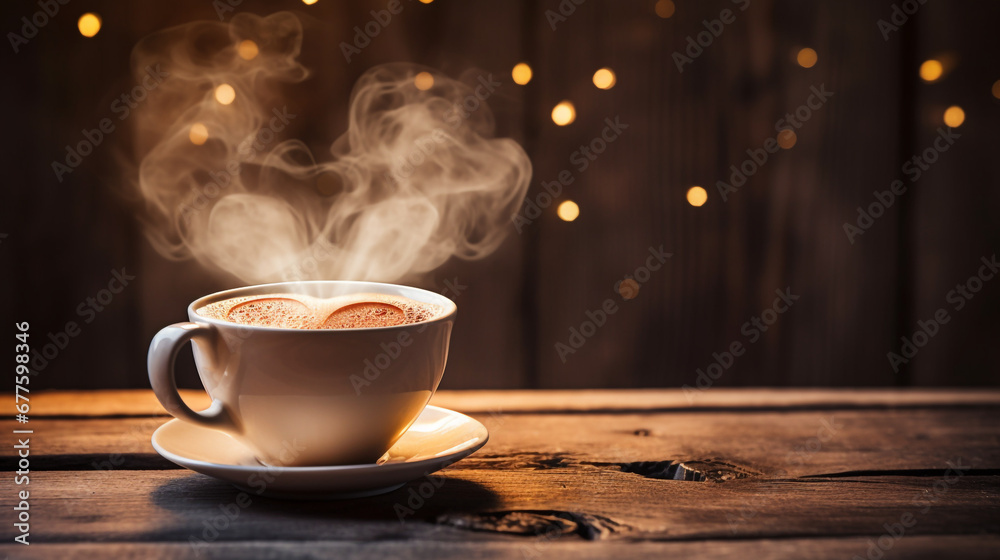 Obraz premium A steaming cup of coffee with a heart-shaped foam on a wooden table