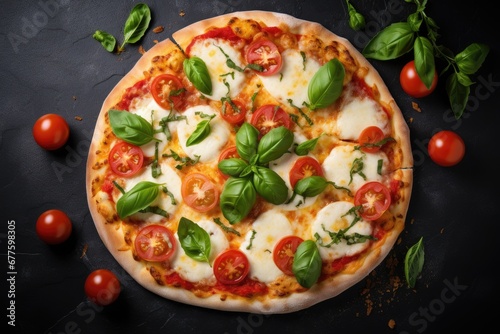 Homemade pizza with tomato cheese and basil on black stone background.