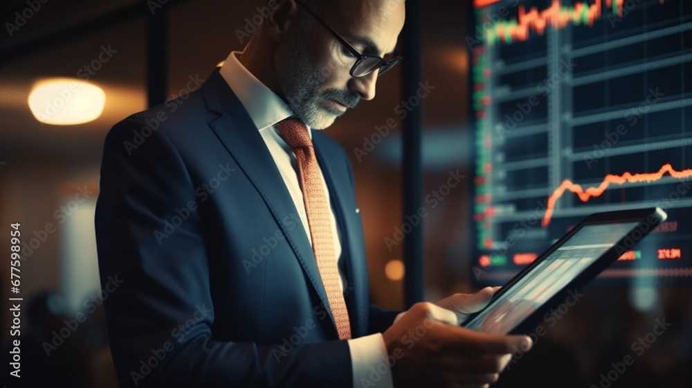 Serious executive trading shares on a digital tablet Serious executive trading shares on a digital tablet