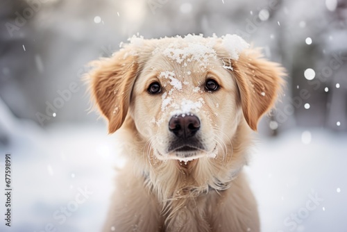 A happy dog immersed in snowflakes, with bright eyes