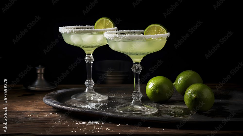 Boozy Refreshing Classic Margarita Cocktail with Salt and Lime on dark background. Alcoholic summer drink