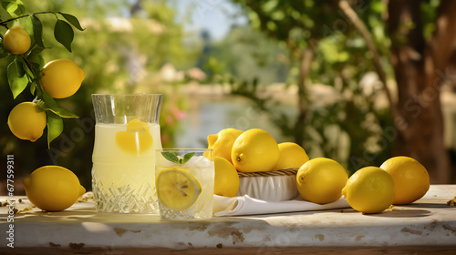 Preparation of the lemonade drink. Lemonade in the jug and lemons with mint on the table outdoor in the garden